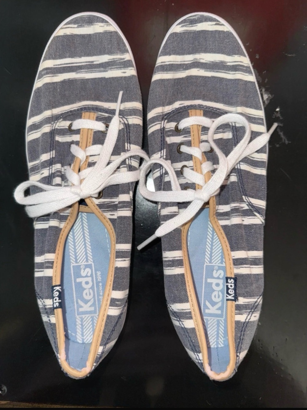 Keds Navy and White Striped Canvas Sneakers with Tan Trim